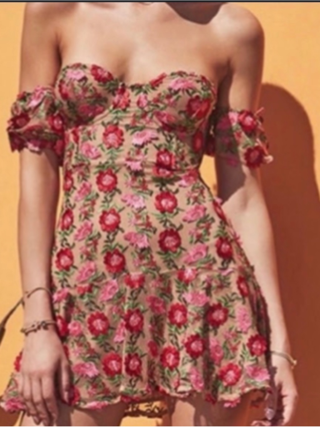 For Love & Lemons: Off-Shoulder Floral Mini Dress In Pink And Red